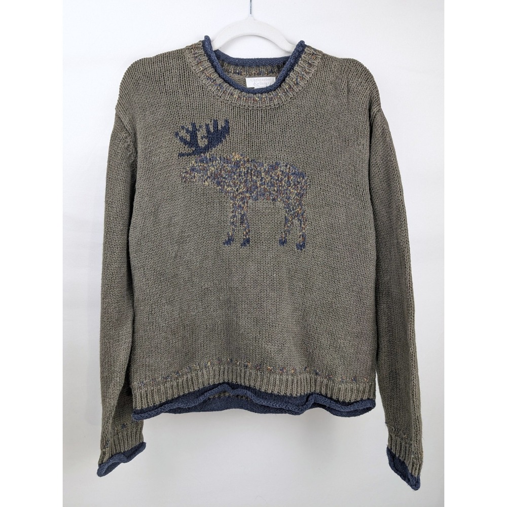 Vintage 90s Cottagecore Moose Sweater Size M Green Roll Neck Cabin Canada Retro - Picture 2 of 11